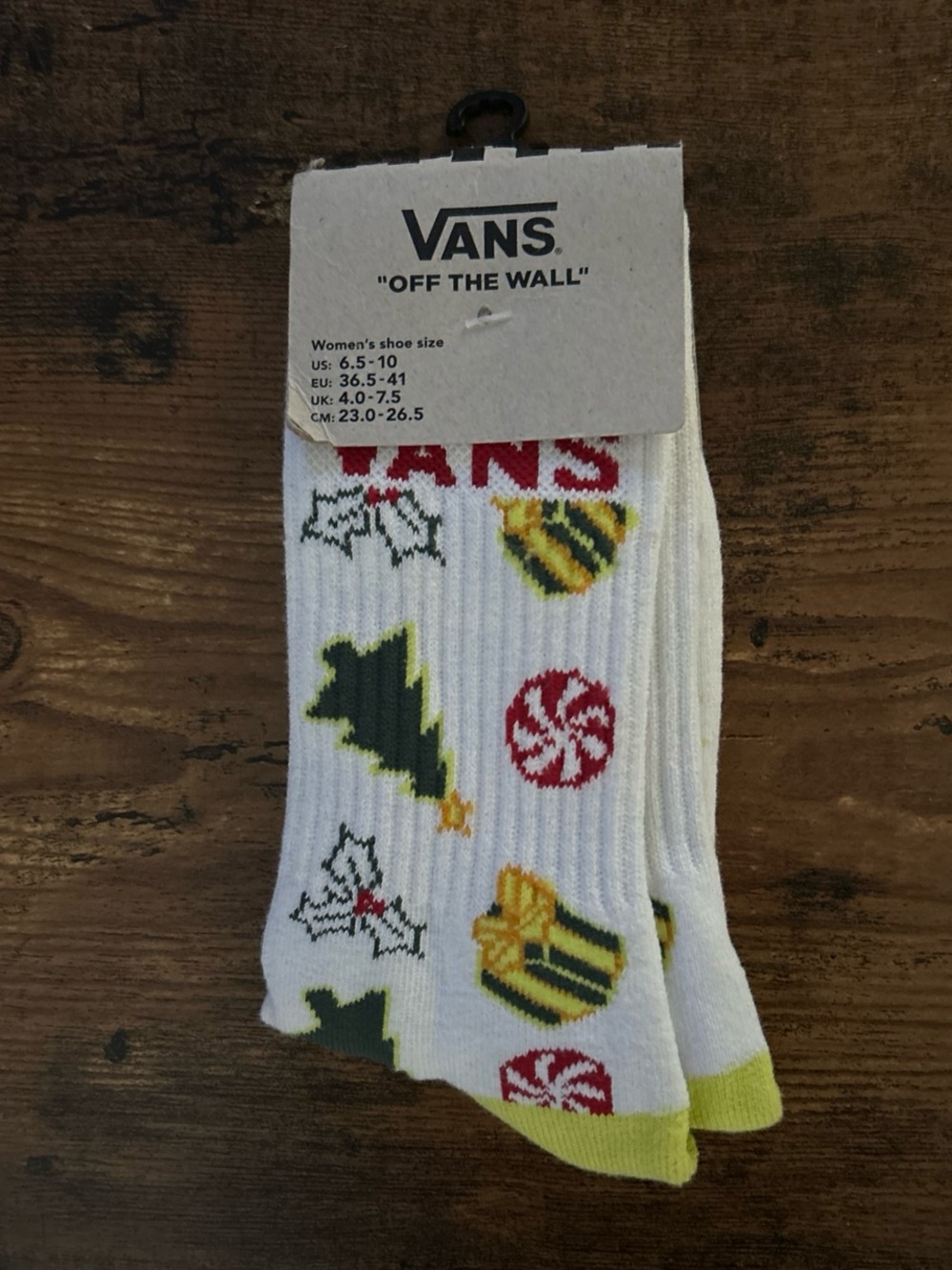 Vans Women’s White Holiday Crew Socks with Green & Yellow Accents